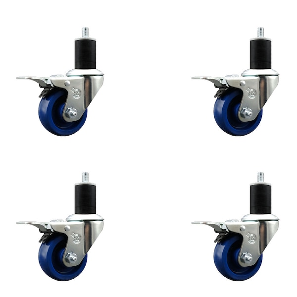 3'' Solid Poly Swivel 1-3/4'' Expanding Stem Caster Set Total Lock Brake, 4PK